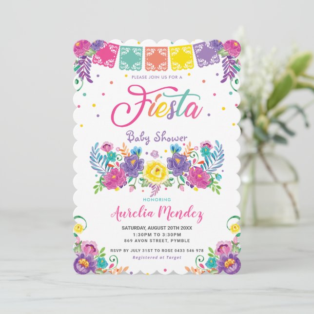 Lebhaftes mexikanisches Blumenfiesta Baby Shower G Einladung (Stehend Vorderseite)