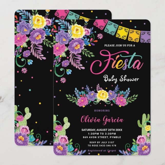 Lebhaftes mexikanisches Blumenfiesta Baby Shower G Einladung (Vorne/Hinten)