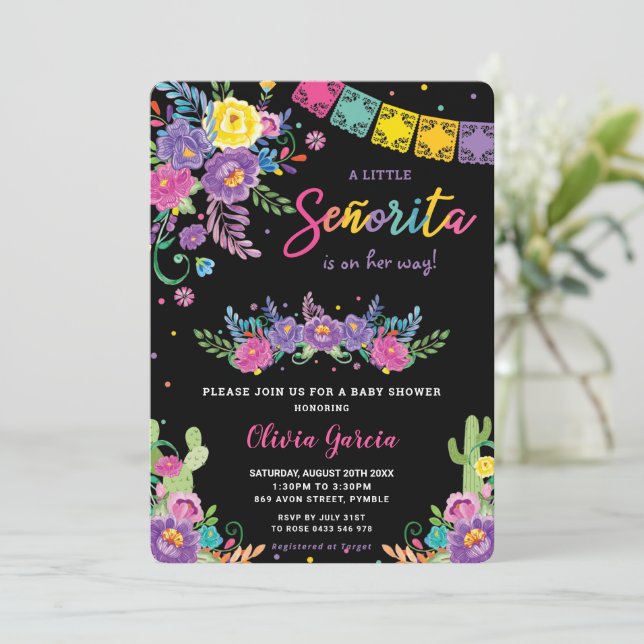 Lebhaftes mexikanisches Floral Señorita Baby Showe Einladung (Stehend Vorderseite)