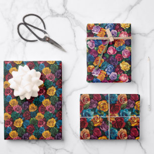 Lebhaftes Muster für mehrfarbige Rose mit dunklen Geschenkpapier Set