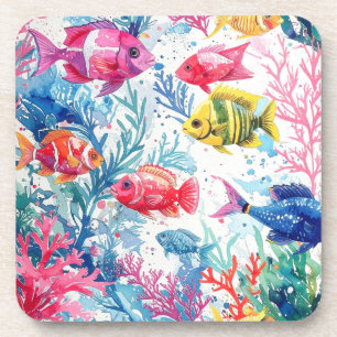 Lebhaftes Muster tropischer Fische Wasserfarbenwel Getränkeuntersetzer