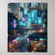 Lebhaftes Neon Cyberpunk Street Scene Poster