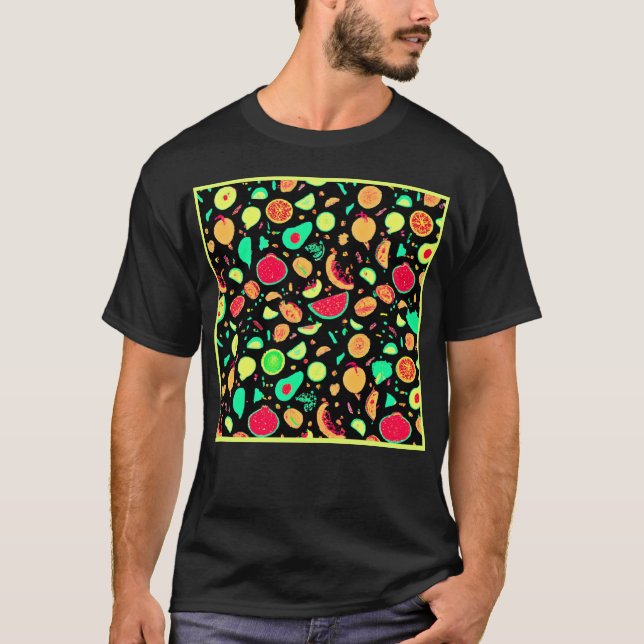 Lebhaftes Neon Fruits-Muster T-Shirt (Vorderseite)