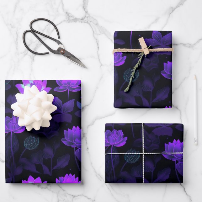 Lebhaftes Neon Lotus Blume Muster Geschenkpapier Set (Vorderseite)