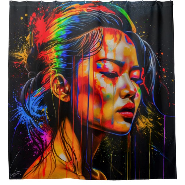 Lebhaftes Neon Portrait - Abstrakte expressionisti Duschvorhang (Vorderseite)