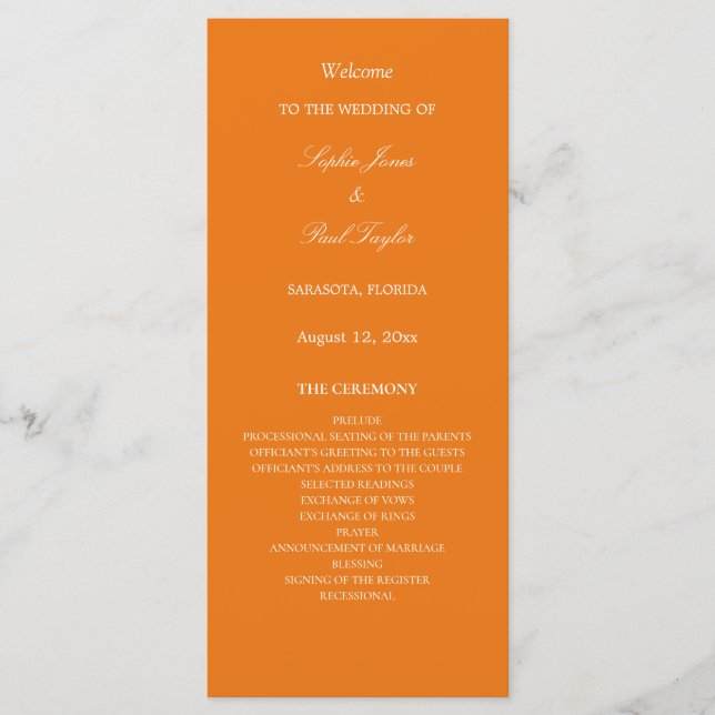 Lebhaftes Orange Hochzeitsprogramm (Vorderseite)