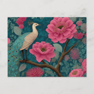Lebhaftes Pfau- und rosa Blumenmuster Feiertagspostkarte