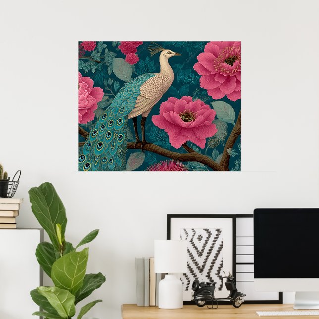 Lebhaftes Pfau- und rosa Blumenmuster Poster (Heimbüro)