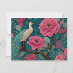 Lebhaftes Pfau- und rosa Blumenmuster Postkarte