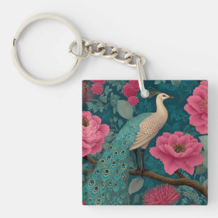 Lebhaftes Pfau- und rosa Blumenmuster Schlüsselanhänger