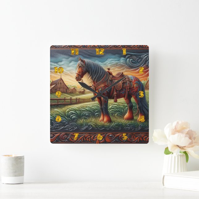 Lebhaftes Pferd in farbenfroher Landschaft Quadratische Wanduhr (Zuhause)