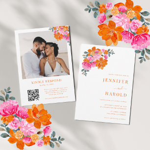 Lebhaftes Pink & Orange Blumengarten Foto Hochzeit Einladung