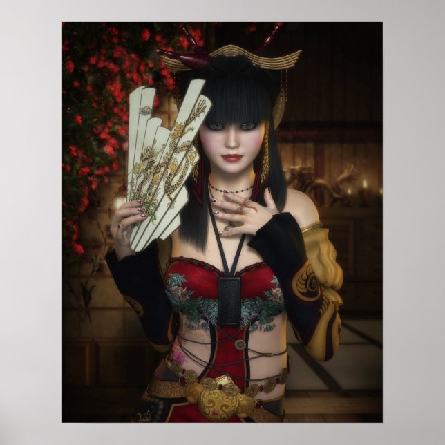 Lebhaftes Poster der Dame unter Blüten mit Lüfter (Vorne)