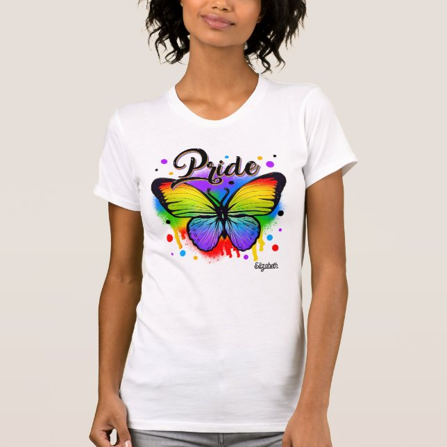 Lebhaftes Rainbow Butterfly LGBTQ-Pride-Emblem T-Shirt (Vorderseite)