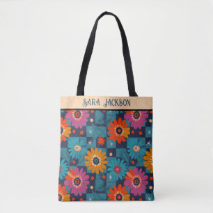 Lebhaftes Retro-Blumenmuster mit Aquamarinen Quadr Tasche
