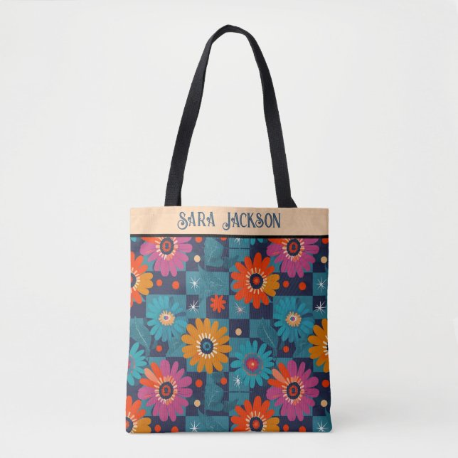 Lebhaftes Retro-Blumenmuster mit Aquamarinen Quadr Tasche (Vorderseite)