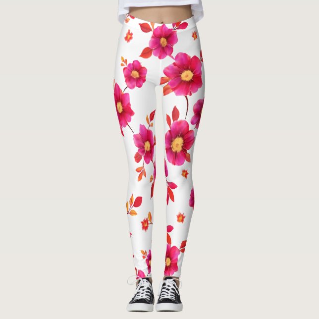 Lebhaftes rosa, florales Wasserfarbmuster Leggings (Vorderseite)