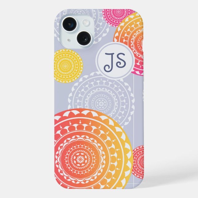 Lebhaftes rosa Gelbes Random Mandala Monogram iPhone 15 Plus Hülle (Rückseite)