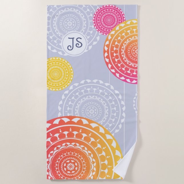 Lebhaftes rosa Gelbes Random Mandala Monogram Strandtuch (Vorderseite)