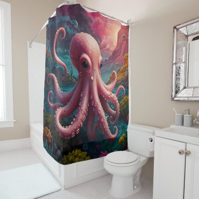Lebhaftes, rosa Octopus Unterwasser-Meer-Leben-Bad Duschvorhang (Beispiel)