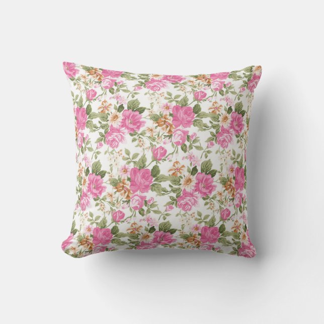 Lebhaftes, rosa, Viktorianisches Rose Kissen Für Draußen (Vorderseite)