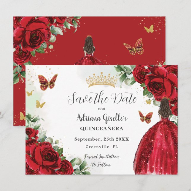 Lebhaftes Rot-Blütendruckerkleid Gold Quinceañera Save The Date (Vorne/Hinten)