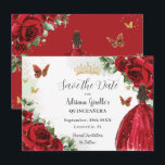 Lebhaftes Rot-Blütendruckerkleid Gold Quinceañera Save The Date<br><div class="desc">Personalisieren Sie diesen hübschen roten Blumenstrauß Quinceañera / Sweet 16 Geburtstag Save the Date einfach und schnell. Klicken Sie einfach auf die Schaltfläche "Weitere Einstellungen", um die Texte zu bearbeiten, Schriftart und Schriftart zu ändern. Mit einem Mädchen gekleidet in einem schönen glitzernden roten Ball, lebendigen rote Rosen, Schmetterlinge und Goldelemente....</div>