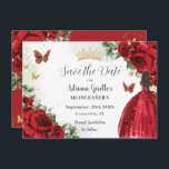 Lebhaftes Rot-Blütendruckerkleid Gold Quinceañera Save The Date<br><div class="desc">Personalisieren Sie diesen hübschen roten Blumenstrauß Quinceañera / Sweet 16 Geburtstag Save the Date einfach und schnell. Klicken Sie einfach auf die Schaltfläche "Weitere Einstellungen", um die Texte zu bearbeiten, Schriftart und Schriftart zu ändern. Mit einem Mädchen gekleidet in einem schönen glitzernden roten Ball, lebendigen rote Rosen, Schmetterlinge und Goldelemente....</div>