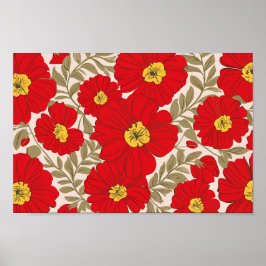 Lebhaftes rotes Blumenmuster mit Olive Green Blätt Poster