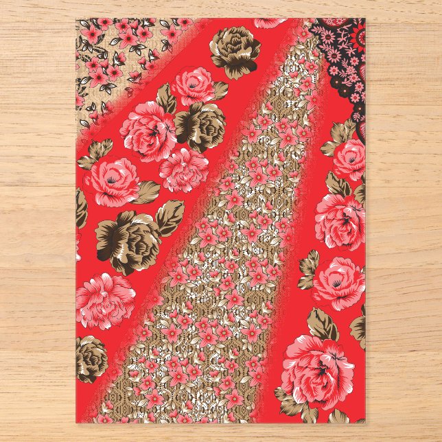 Lebhaftes rotes Gewebe, mit viel Blumen und Acryleinladungen (Vorderseite)