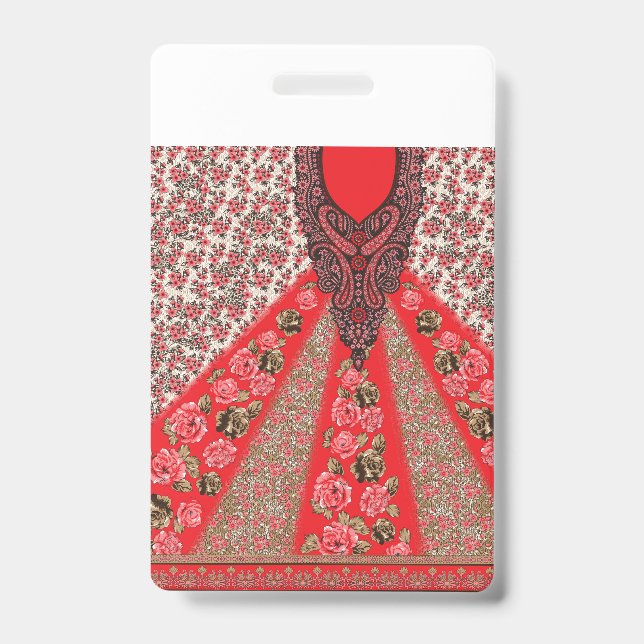 Lebhaftes rotes Gewebe, mit viel Blumen und Ausweis (Vorderseite)