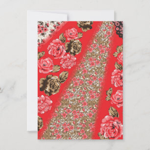 Lebhaftes rotes Gewebe, mit viel Blumen und Feiertagskarte
