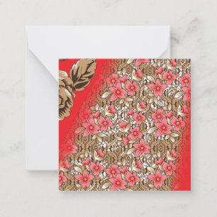 Lebhaftes rotes Gewebe, mit viel Blumen und Mitteilungskarte