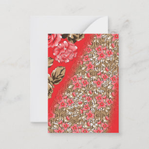 Lebhaftes rotes Gewebe, mit viel Blumen und Mitteilungskarte