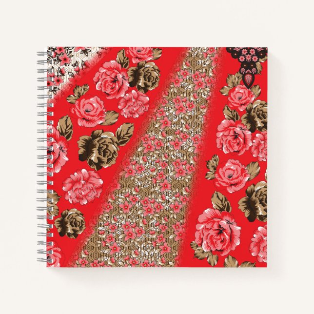 Lebhaftes rotes Gewebe, mit viel Blumen und Notizbuch (Vorderseite)