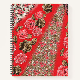 Lebhaftes rotes Gewebe, mit viel Blumen und Notizbuch
