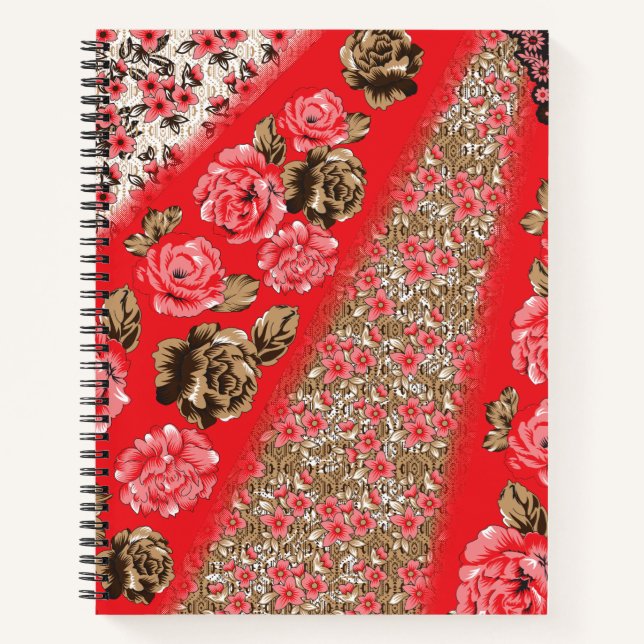 Lebhaftes rotes Gewebe, mit viel Blumen und Notizbuch (Vorderseite)