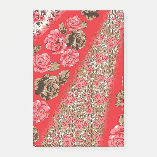 Lebhaftes rotes Gewebe, mit viel Blumen und Post-it Klebezettel (Vorderseite)