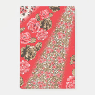 Lebhaftes rotes Gewebe, mit viel Blumen und Post-it Klebezettel