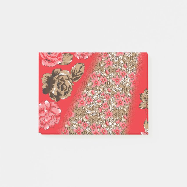 Lebhaftes rotes Gewebe, mit viel Blumen und Post-it Klebezettel (Vorderseite)