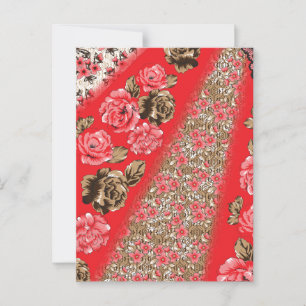 Lebhaftes rotes Gewebe, mit viel Blumen und Postkarte