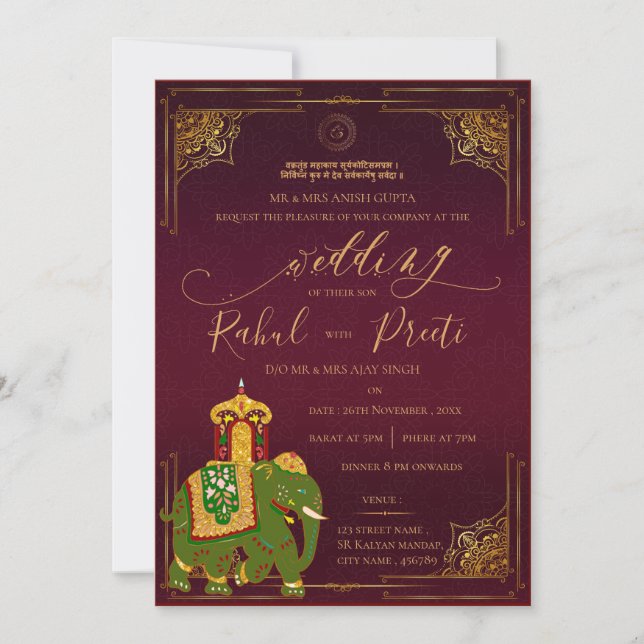 Lebhaftes rotes Gold mit Lord Ganesh Indian Weddin Einladung (Vorderseite)