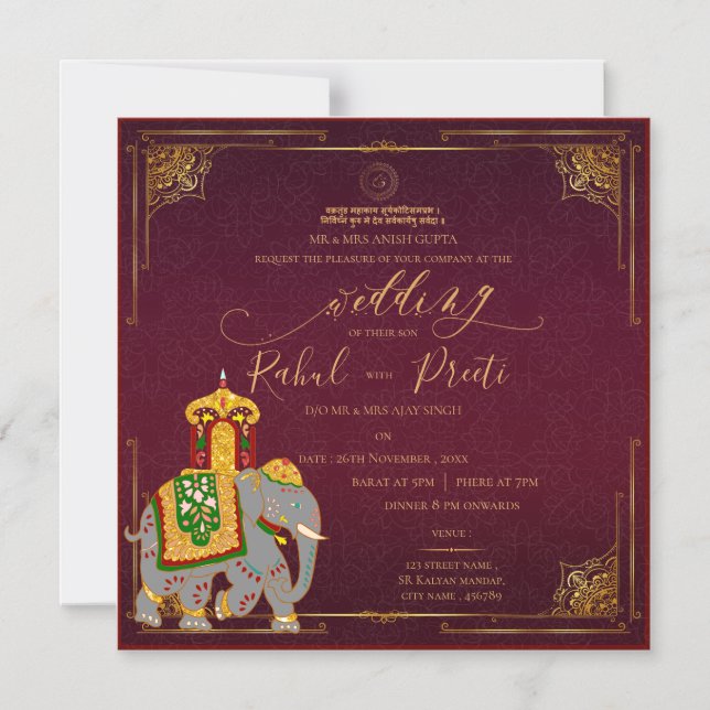 Lebhaftes rotes Gold mit Lord Ganesh Indian Weddin Magneteinladung (Vorderseite)