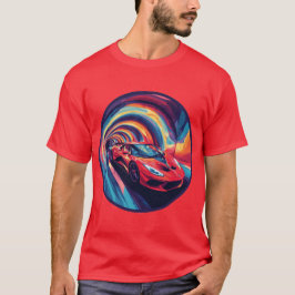 Lebhaftes rotes Sportauto in einem dynamischen Spi T-Shirt