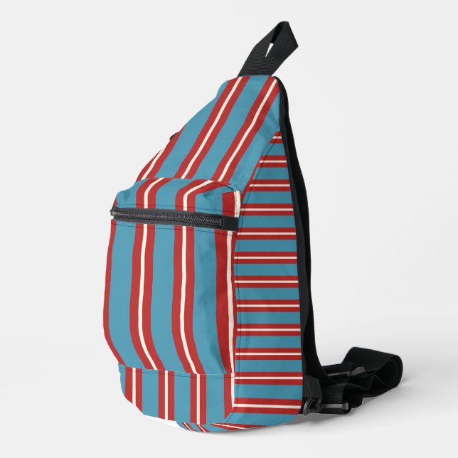 Lebhaftes rotes und blau gestreiftes Muster Modern Crossbody Bag (Rechte Ecke)