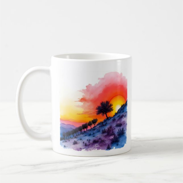 Lebhaftes Sonnenuntergang mit einsamen Bäumen Kaffeetasse (Links)