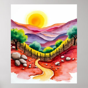 Lebhaftes Sonnenuntergang mit einsamen Bäumen Poster