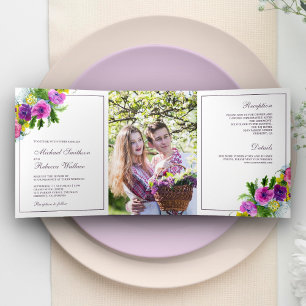 Lebhaftes Spring Floral Bouquet Foto Hochzeit Dreifach Gefaltete Einladung
