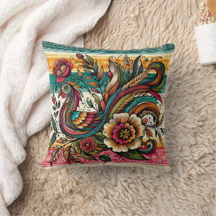 Lebhaftes Vogel- und Blume-Design in farbenfrohen  Kissen