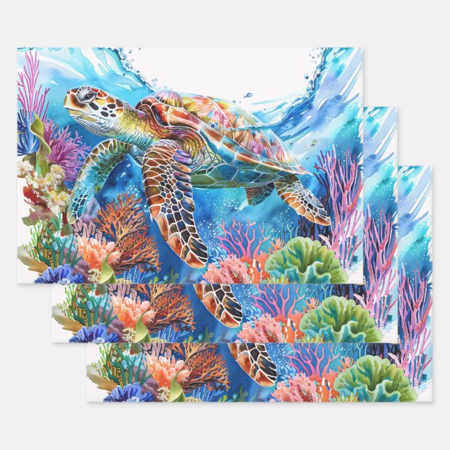 Lebhaftes Wasserfarbenschildkrötendekor Geschenkpapier Set (Set)